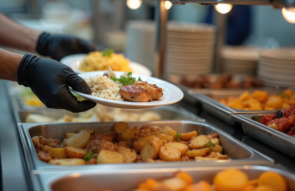 Mitarbeitende mit Handschuhen portionieren ein warmes Mittagessen an einer Ausgabetheke; auf dem Teller liegen Fleisch, Beilage und Gemüse aus Edelstahlbehältern.